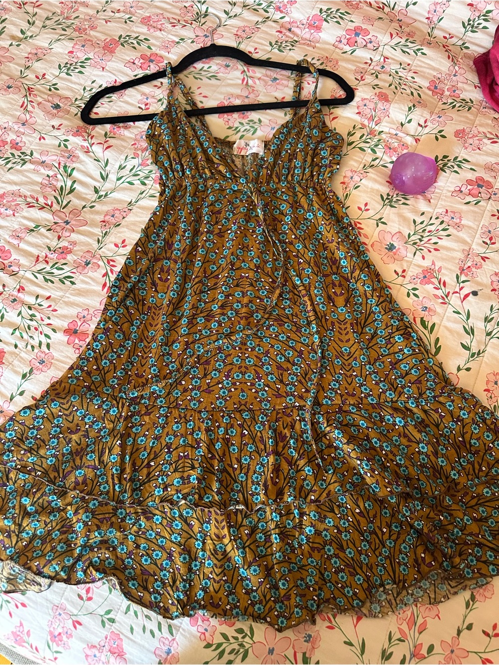 Bohemian Spaghetti Strap Midi Dress in Mustard Floral